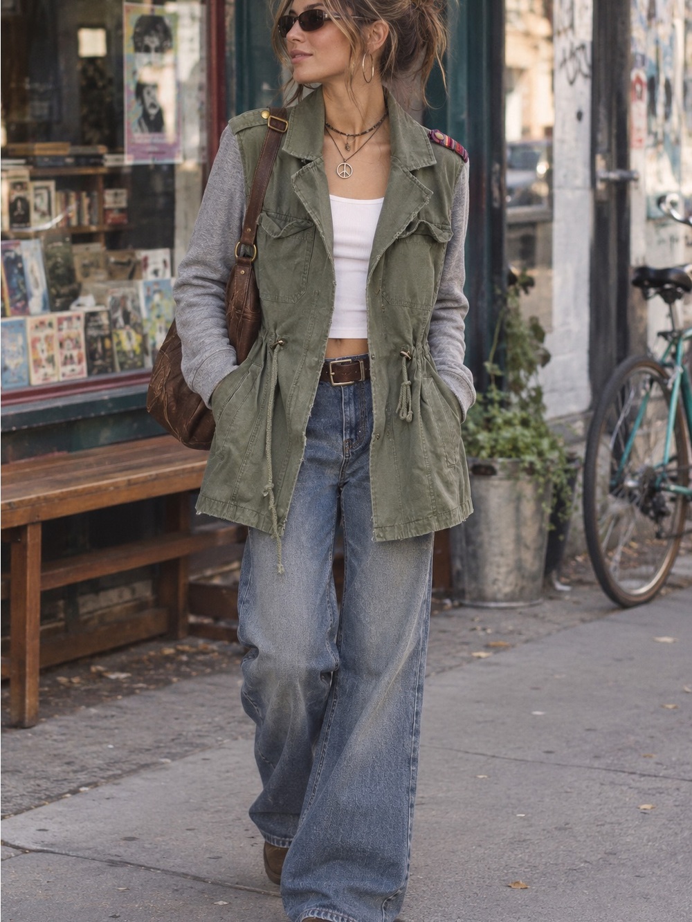 Billabong Olive Green Utility Jacket with Gray Knit Sleeves